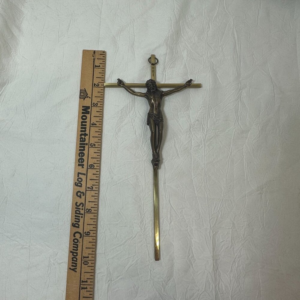Vintage Brass Wall Crucifix Religious Jesus On Cross 10" INRI Inscription - Picture 4 of 6